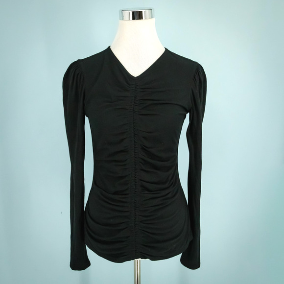 Rebecca Taylor Size Small S Black Ruched Shirred Long Sleeve Pima Cotton Top - Picture 1 of 7